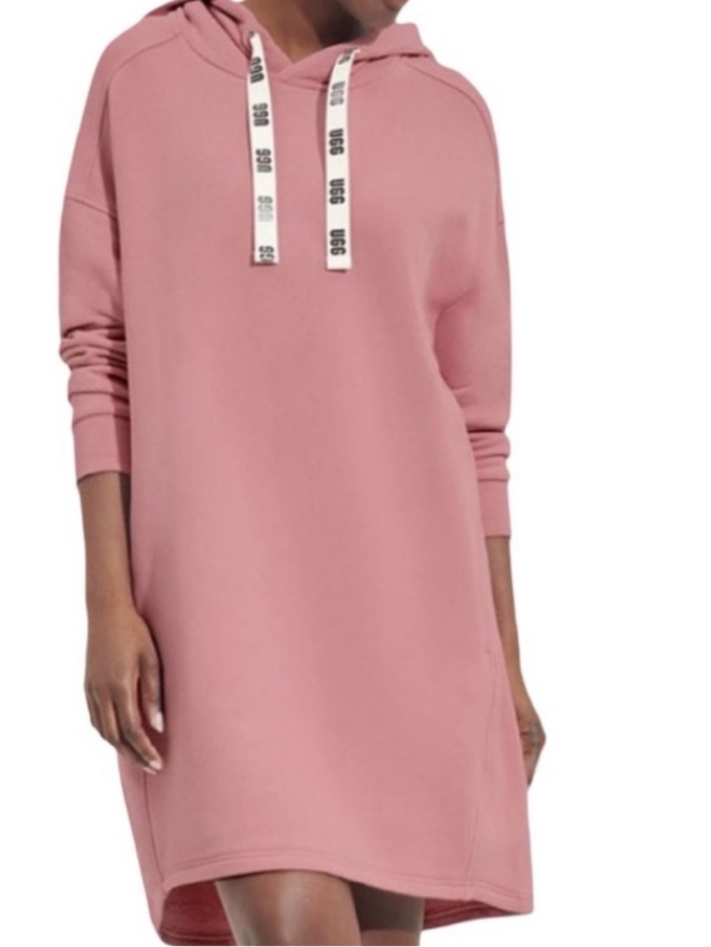 UGG Hoodie Women M Pink Fleece Pullover Longline Logo Sweatshirt Pockets Lounge